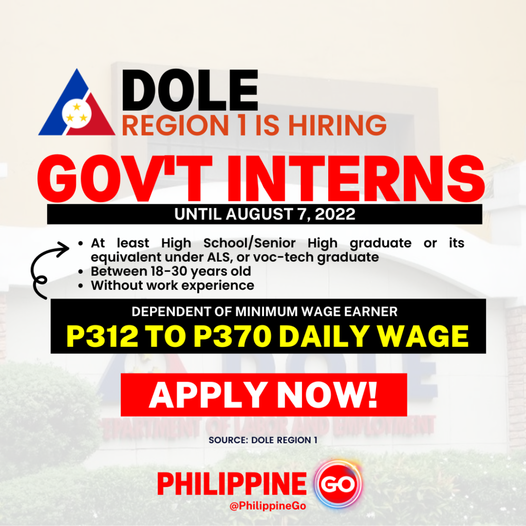 DOLE Region 1 Hiring 292 Gov t Interns Until August 7 2022 Philippine Go DOLE Region 1 Hiring 292 Gov t Interns Until August 7 2022 Philippine Go